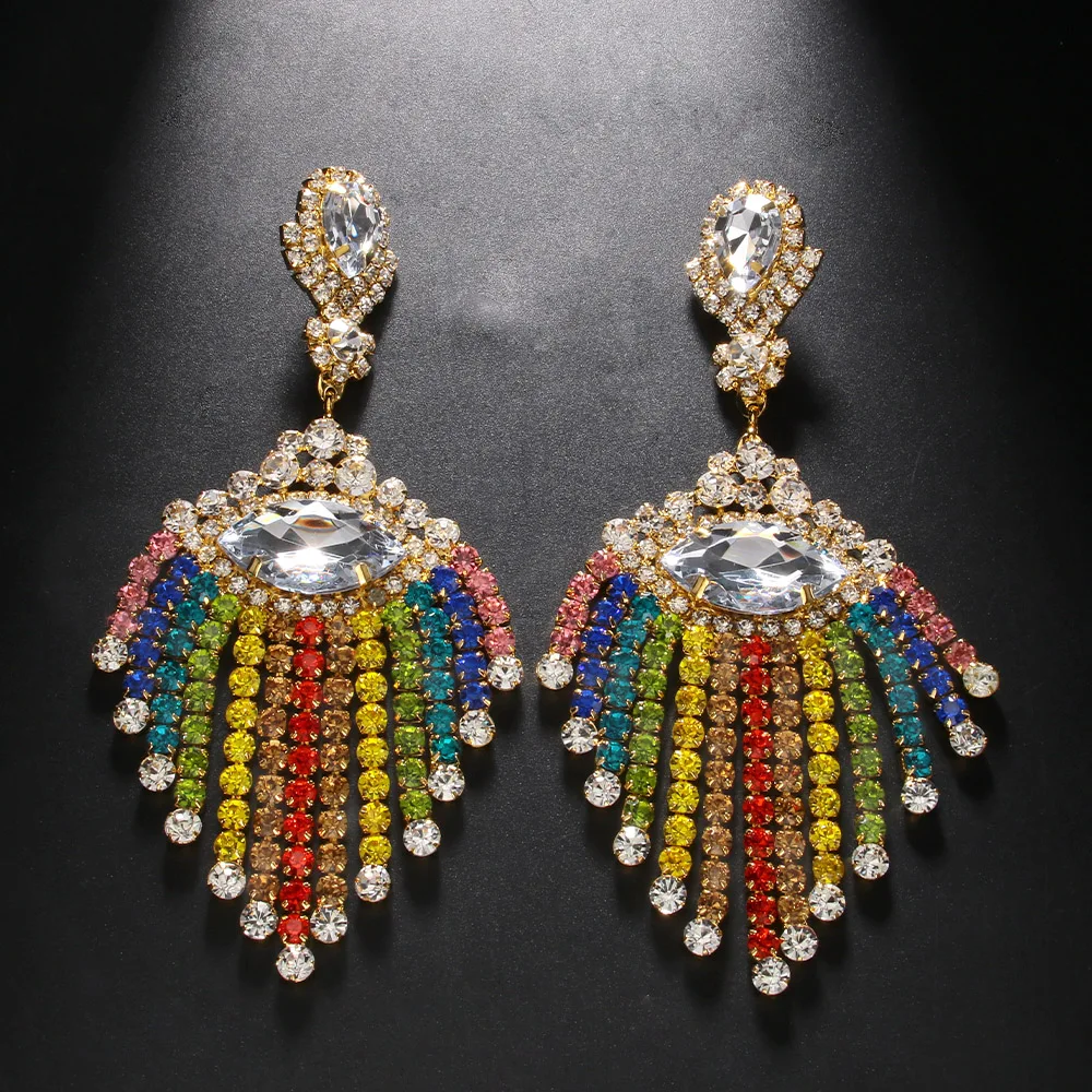 Boho Rhinestone Rainbow Geometric Fringed Dangle Earrings Drag Queen Crystal Colorful Long Tassel Drop Earrings Wedding Jewelry
