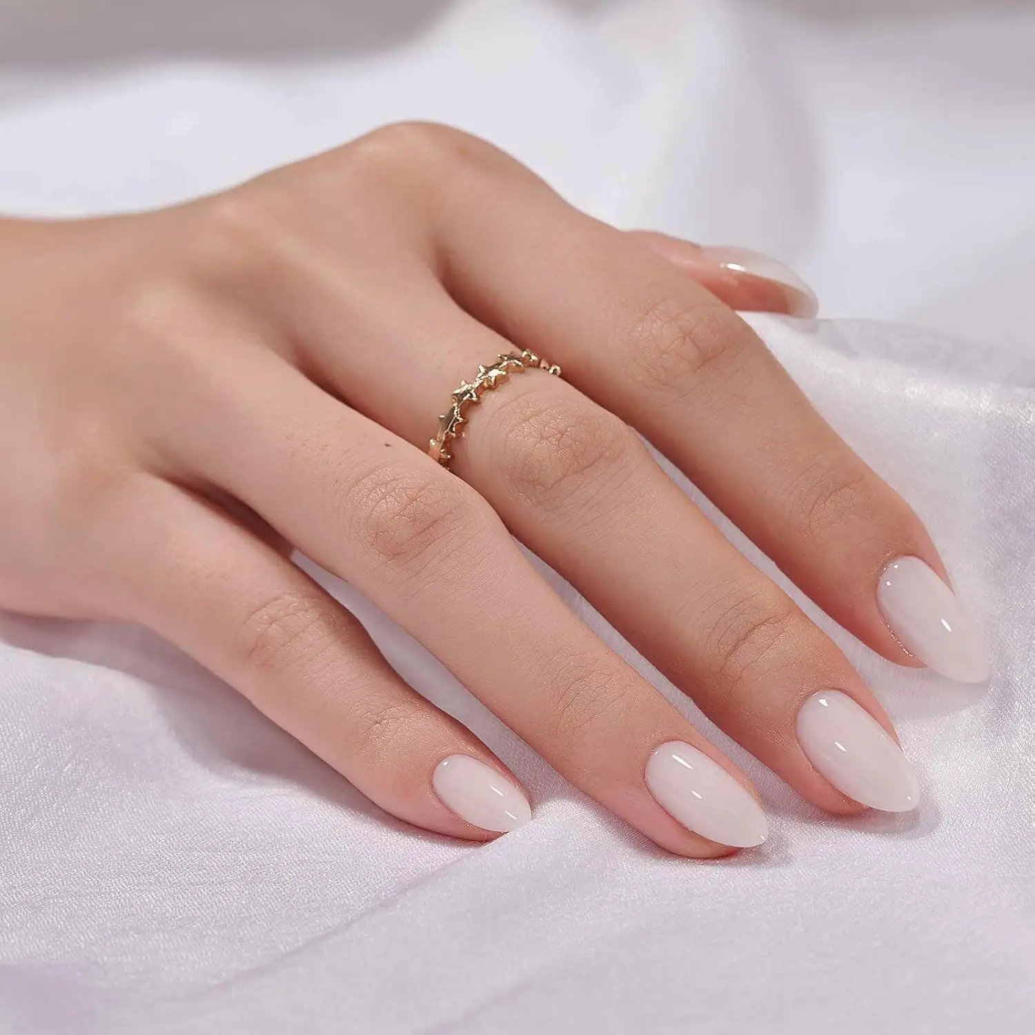 

White Press On Nails Short Almond - Soft Gel Glue on Nails, Reusable Stick on Nails in 16 Sizes, Cream Puff