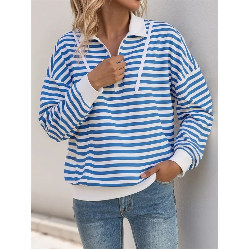 Faion Women's Striped Zipper T-irt Hoodie Streetwear Long Sve  Ne Regular Fit Polyester Autumn Top Ladies