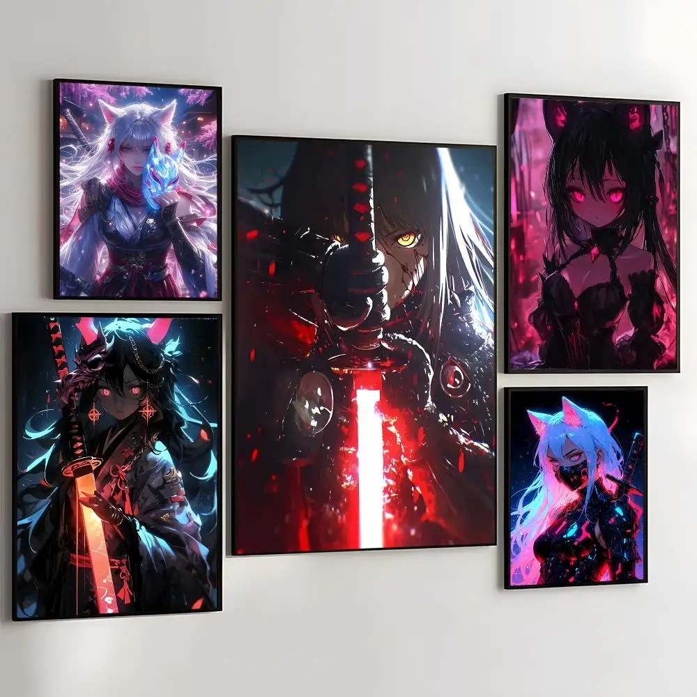 Anime Girl With Katana Painting Calligraphy Self Adhesive Wall Art Waterproof Print For Bedroom Hallway Home Decor