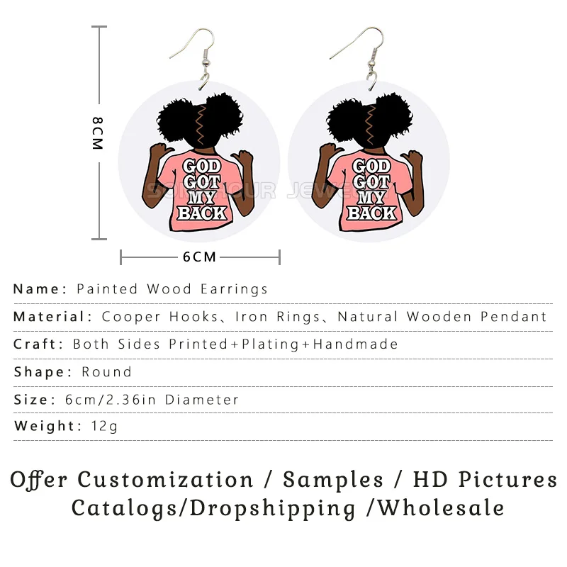 SOMEHOUR Respect My Hair Afro Curly Girl Queen Wooden Drop Earrings Melanin Poppin Black Roots God Sayings Printed Loops Dangle