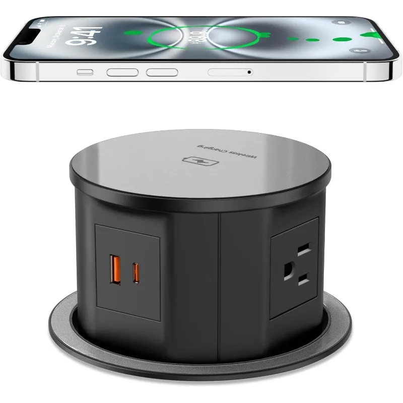 Pop Up Outlet with 15W Wireless Charger, 4 AC Outlets & PD 20W USB Fast Charging,  Desk Hole Power Grommet Connect 6FT Cord