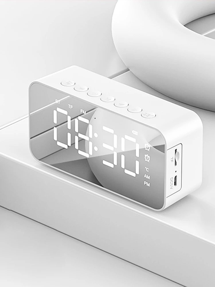 Desktop mini LED mirror digital clock, alarm clock bluetooth wireless audio cell phone speaker stereo sound effect,...