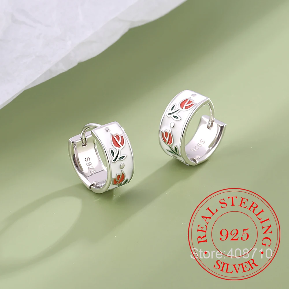 Prawdziwe pieniądze 925 Sterling Silver Tulip Flower Hoop Kolczyki dla kobiet S925 Biżuteria ślubna Prezent Aretes De Mujer