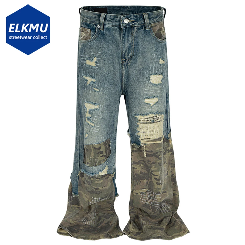 

Camouflage Patchwork Vintage Jeans Ripped Splicing Blue Flared Denim Pants Men Streetwear Hip Hop Blue Baggy Jeans Trousers