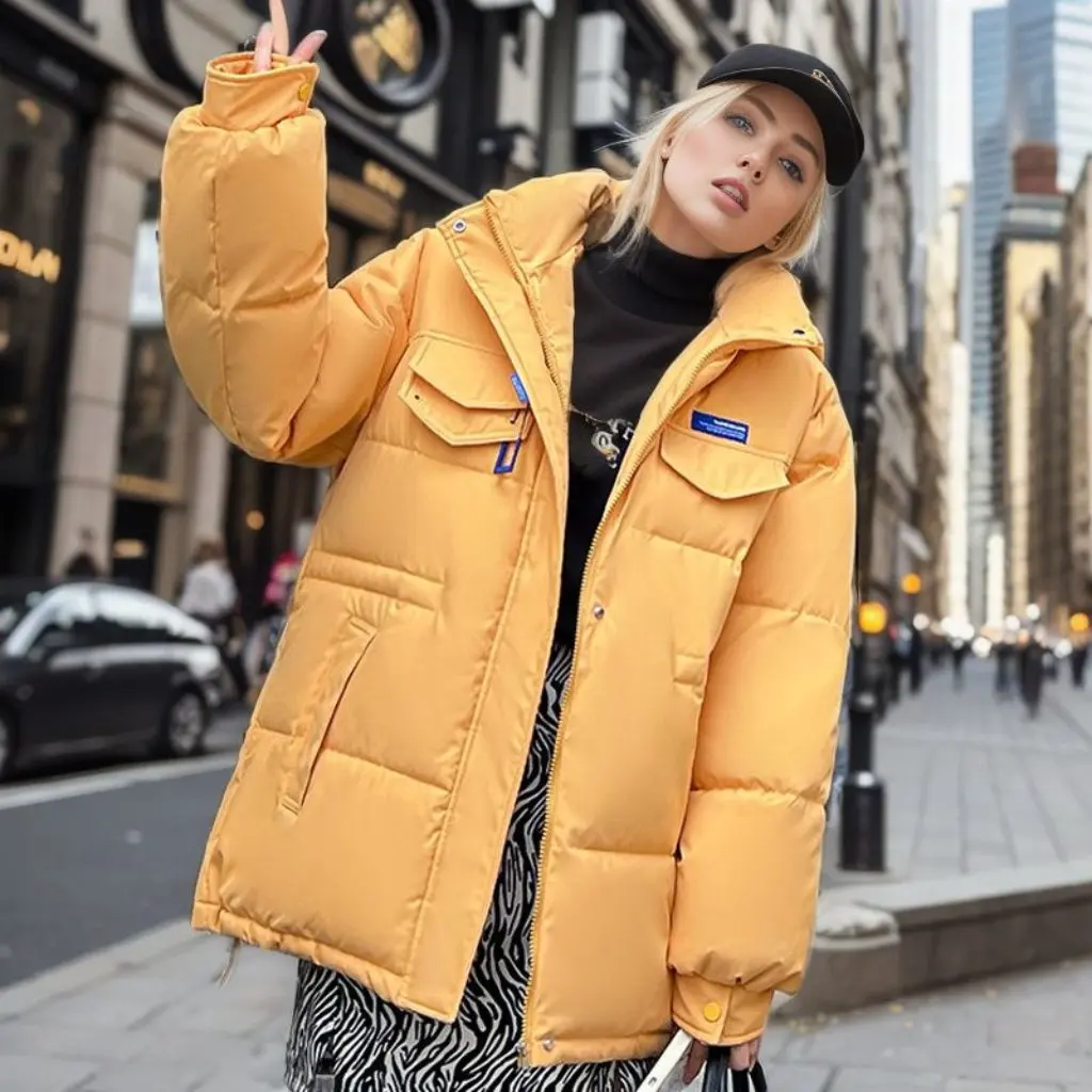 

Women's Korean Style Loose down Cotton-Padded Coat Mid-Length Hooded Thickened Winter Jacket Bread Design