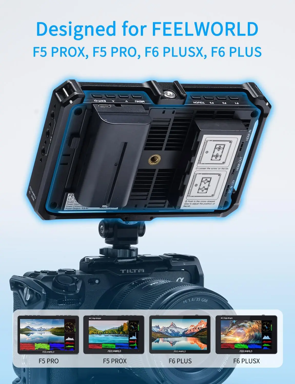 FEELWORLD Camera Monitor Cage 2008 Aluminum Alloy Frame for F5 PRO F5 Prox F6 Plus F6 PLUSX Field Monitor with Multiple Expansio