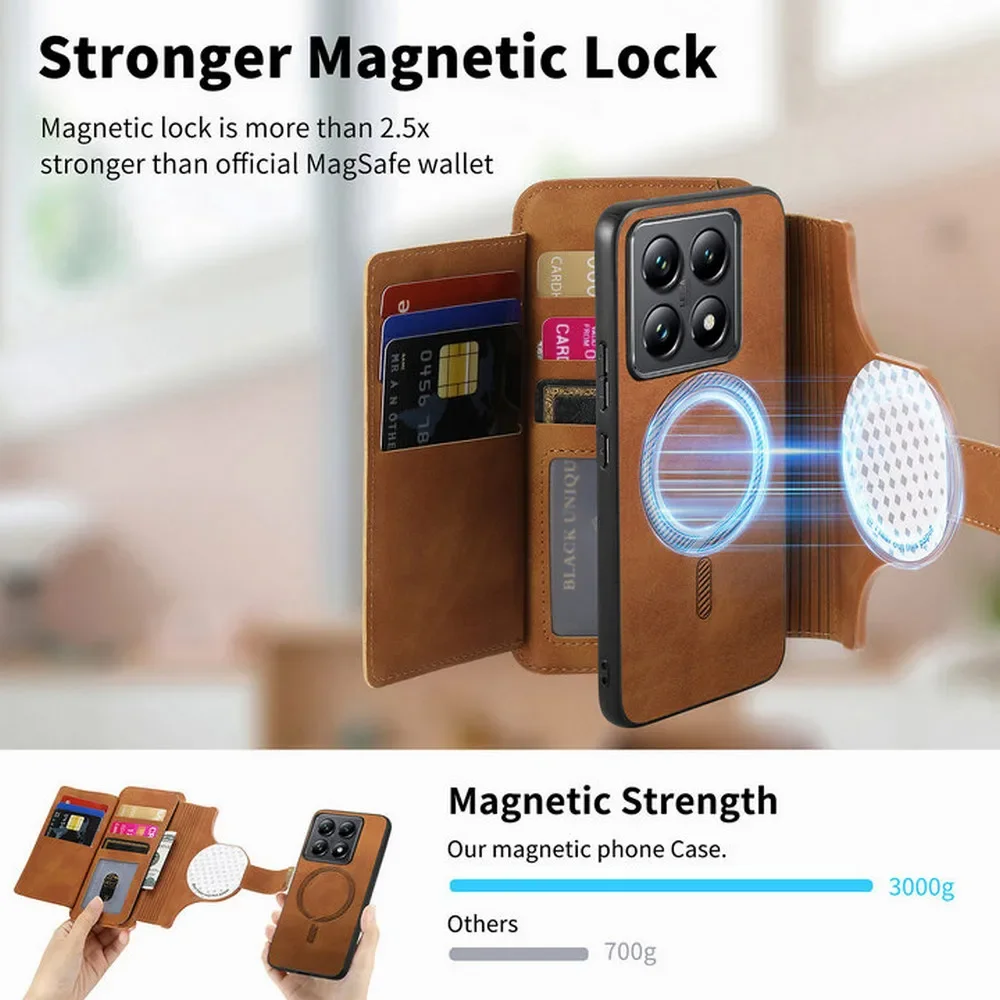 Etui z odpinanym portfelem na zamek, wykonane ze skóry, do modeli Xiaomi 17T, 15T, 14T, 13T Pro 5G. Luksusowe etui do Xiaomi 17T, Mi 13T, 14T, 15T, 15, etui 2 w 1. — zdjęcie produktu 3