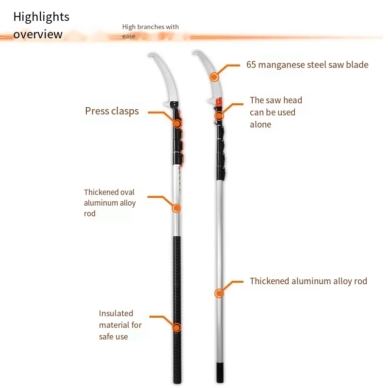 알루미늄 합금 높은 가지 가지 가지 치기 더블 후크 톱, 텔레스코픽 익스텐션 폴, 정원 과일 나무, 야외 높은 고도 톱, 3m, 5m, 7m