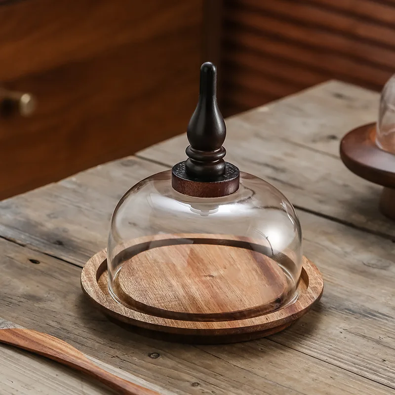 صينية كعكة خشبية كلاسيكية ورائعة، عرض الحلوى، صندوق زبدة حامل الخبز، مع غطاء زجاجي غطاء غبار أدوات المائدة المنزلية