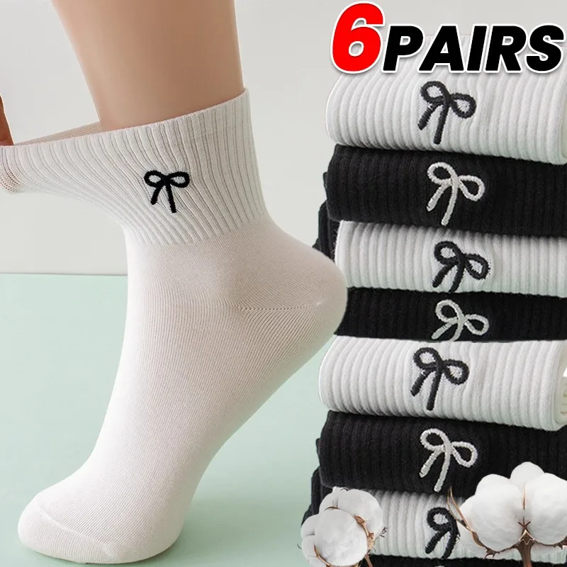 

Повседневные носки с милым бантом для женщин, мягкие дышащие модные носки для девочек, белые, черные хлопковые носки, чулки средней длины, кавайные носки для экипажа