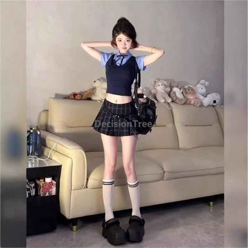 Summer sweet girl temperament Fake two-piece Polo collar short sleeve shirt skirt girl sexy school uniform set girl jk uniform