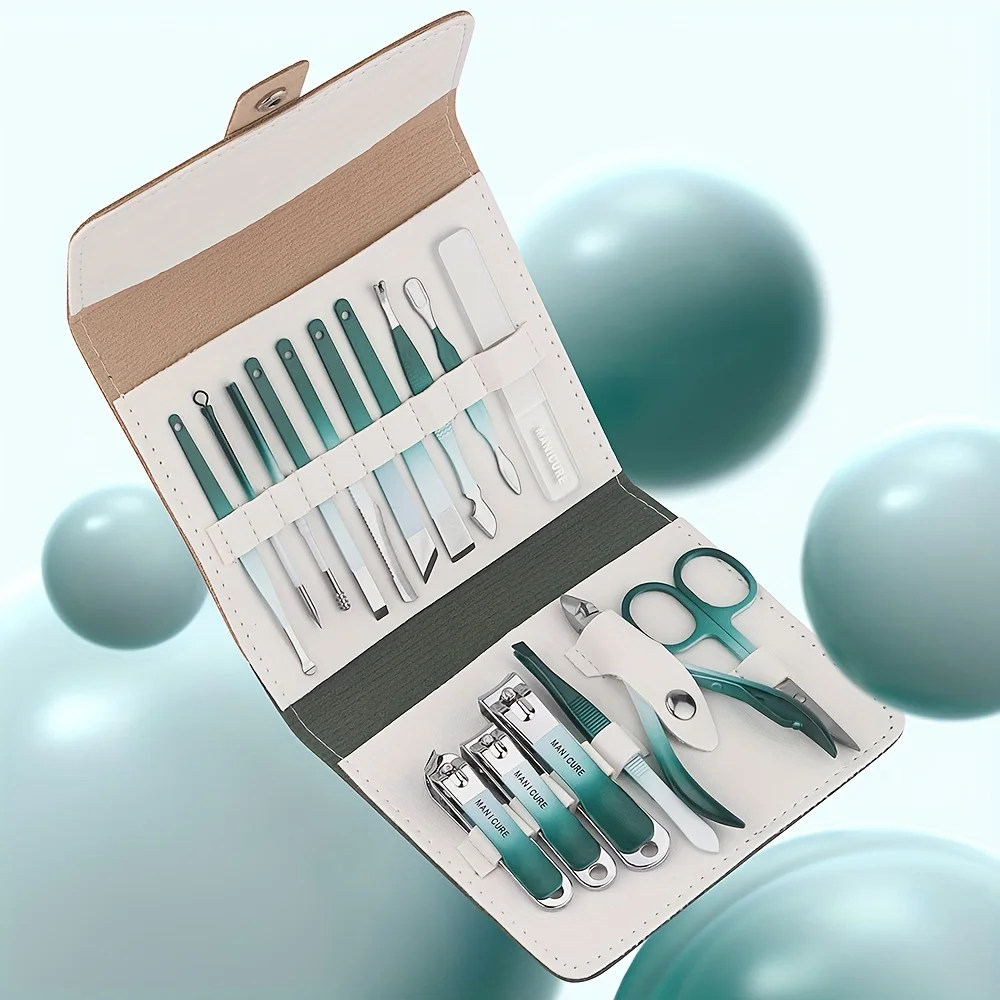 16 unids/set juego de manicura Kit de funciones completas cortaúñas juegos de pedicura de acero inoxidable con estuche portátil de cuero Idea de regalo