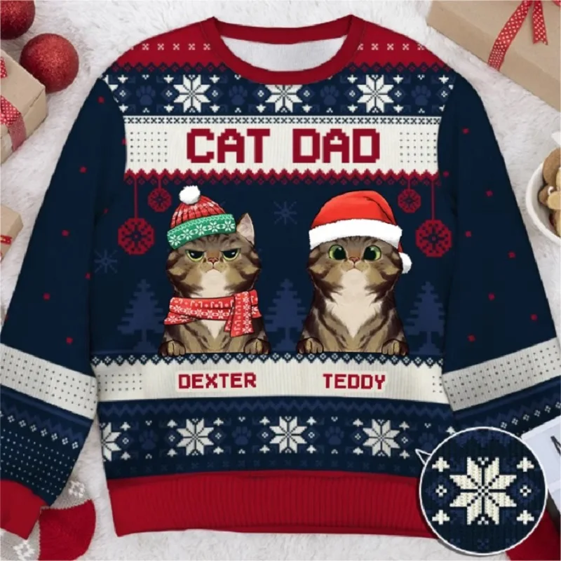 Pull de Noël imprimé chat de dessin animé 3D pour hommes, pull Père Noël, haut, impression 3D, automne, hiver, cadeau