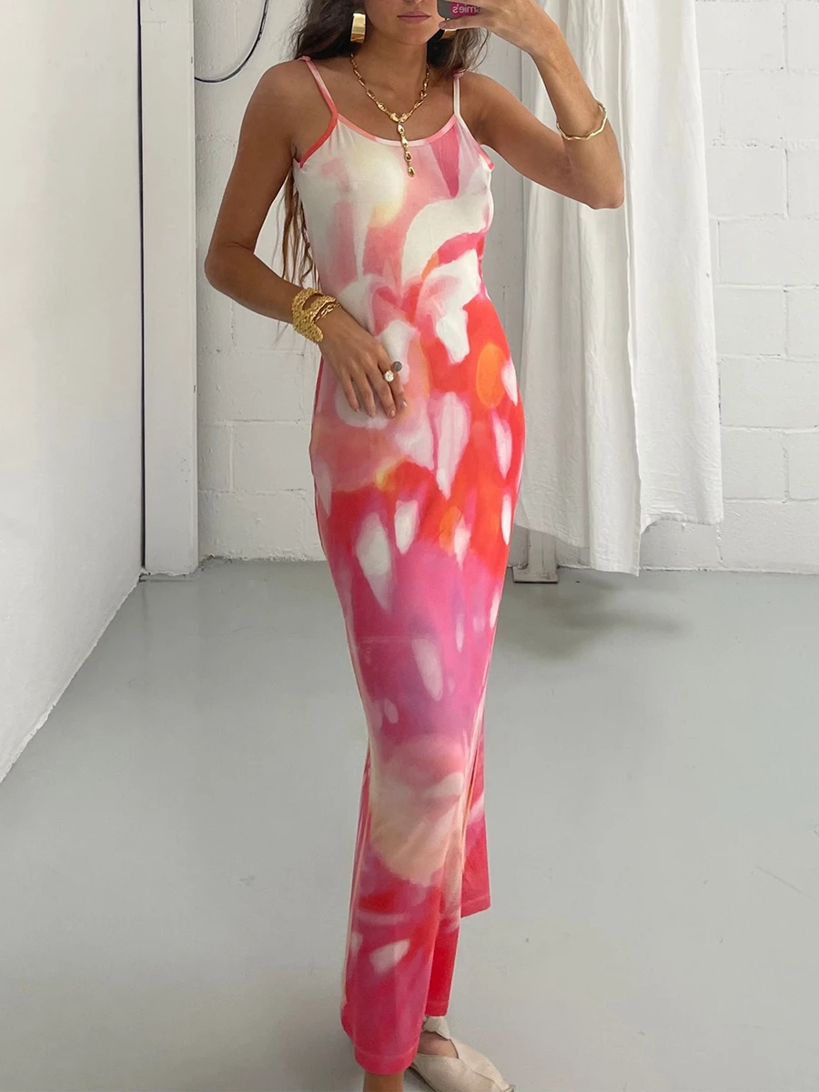 

Women Tie-Dye Floral Print Slip Dress Summer Sleeveless Backless Party Long Dresses Maxi for Vacation Cocktail Beach Streetwear