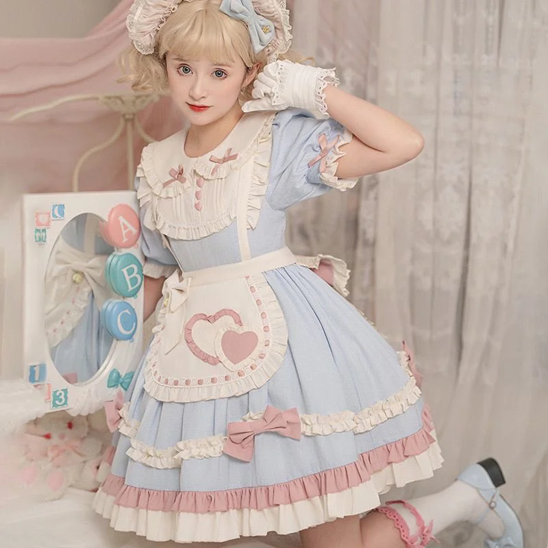 Robe de femme de chambre à manches courtes, jupes Lolita mignonnes, vêtements Lolita doux, Harujuku Goth, bleu bébé Kawaii, été