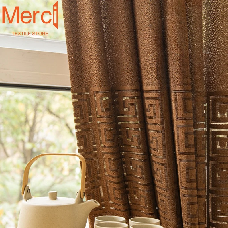 Chinese Classical Style Modern Style White Gauze Coffee Color Zigzag Embroidered Curtains for Living Dining Room Bedroom Custom