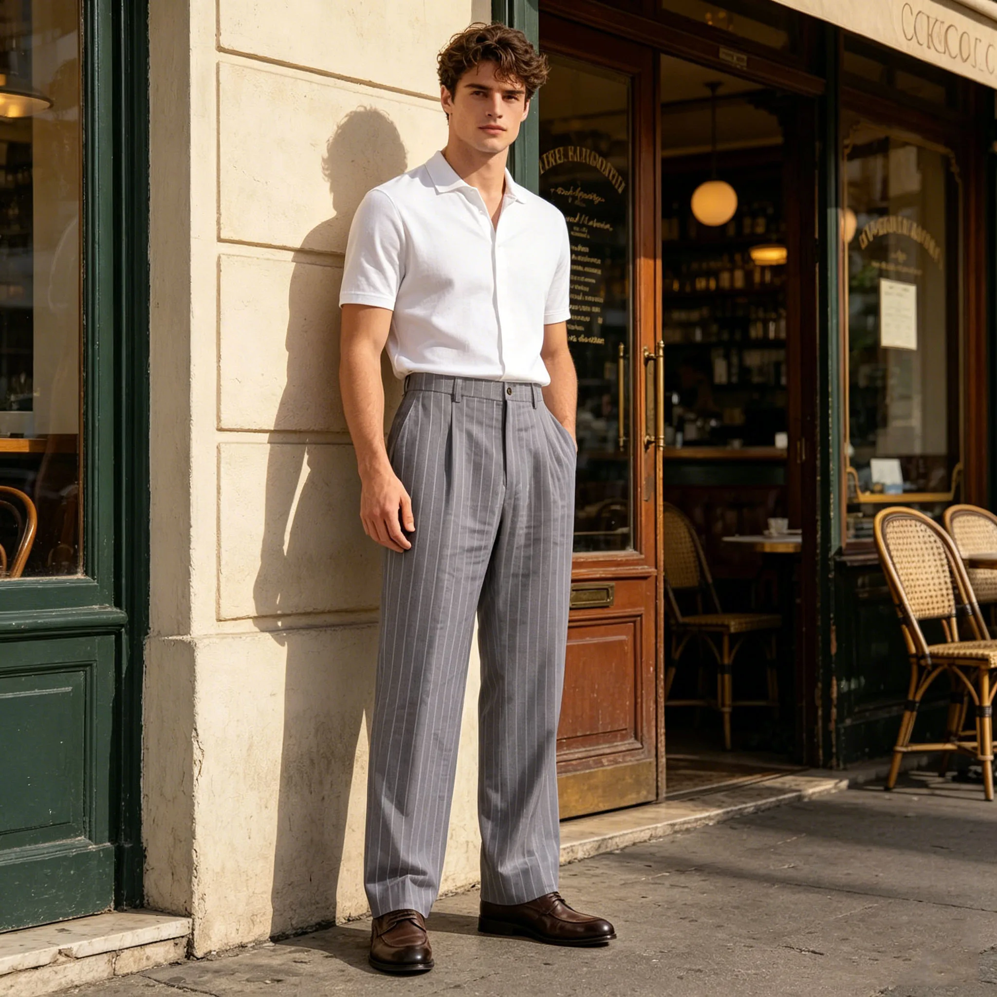 Men's Pinstripe Linen Pants Solid Color Loose Fit Half Elastic Waist Straight Leg Trousers Breathable Soft  For Summer Beach