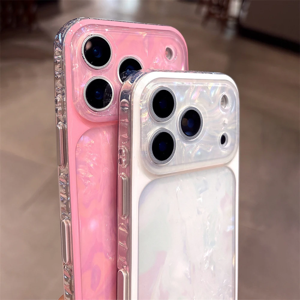 Luxury Shell Pattern Laser Phone Case For iPhone 15 16 17 Pro Max Plus IMD Shockproof Bumper AI Control Buttons Hard Back Cover