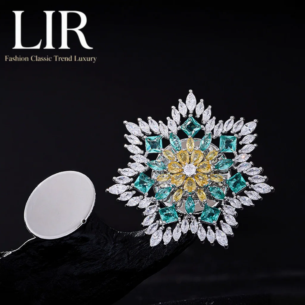 بروش ندفة الثلج للسيدات من LIR: مرصع بالزركون AAA، مشبك مغناطيسي، مضاد للتعرض، مجوهرات عصرية اختيارية باللون الأرجواني/الأخضر