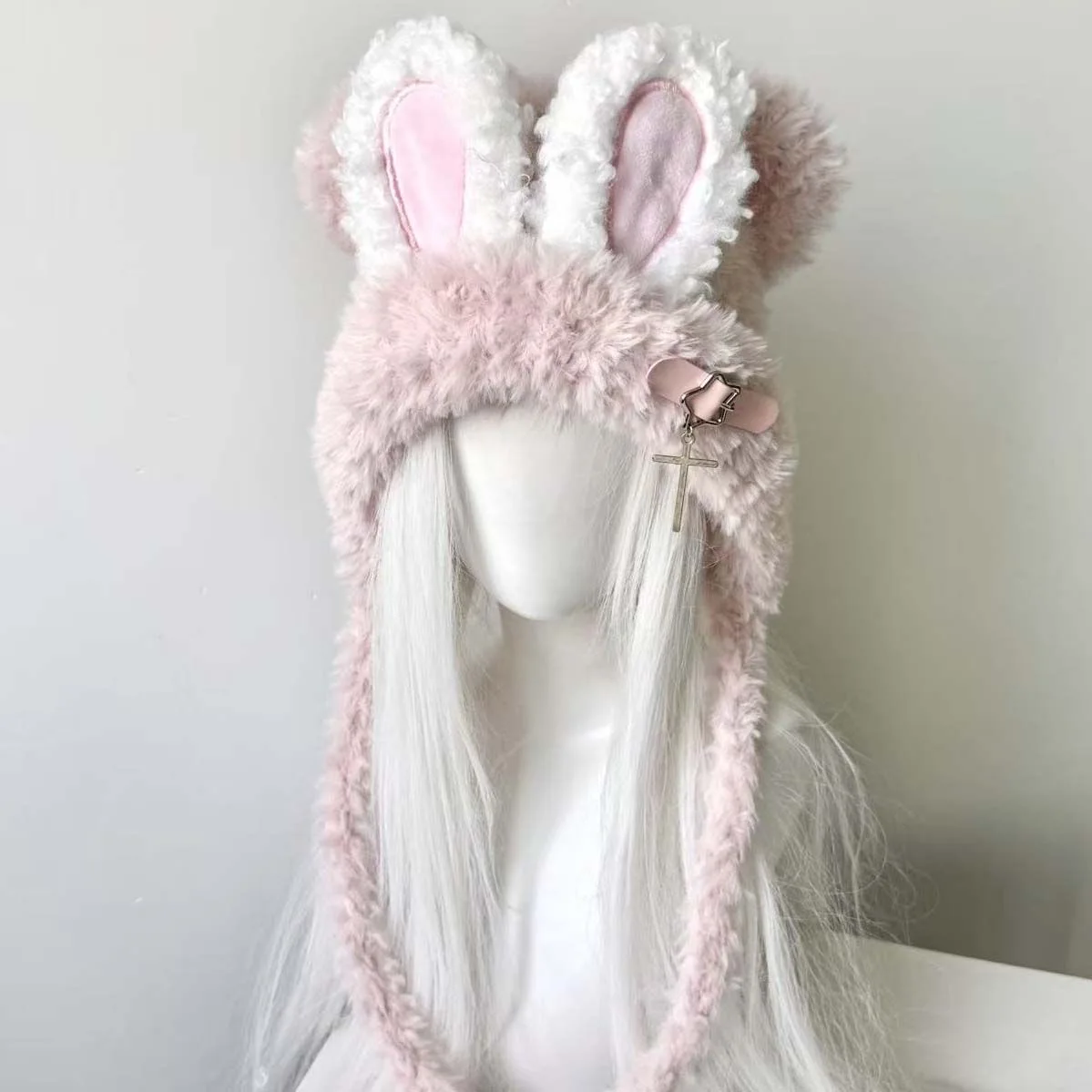 Mulheres harajuku gótico lolita pelúcia coelho orelha gorro chapéu japonês y2k menina fivela cruz urso orelha boné inverno quente chapéu de malha