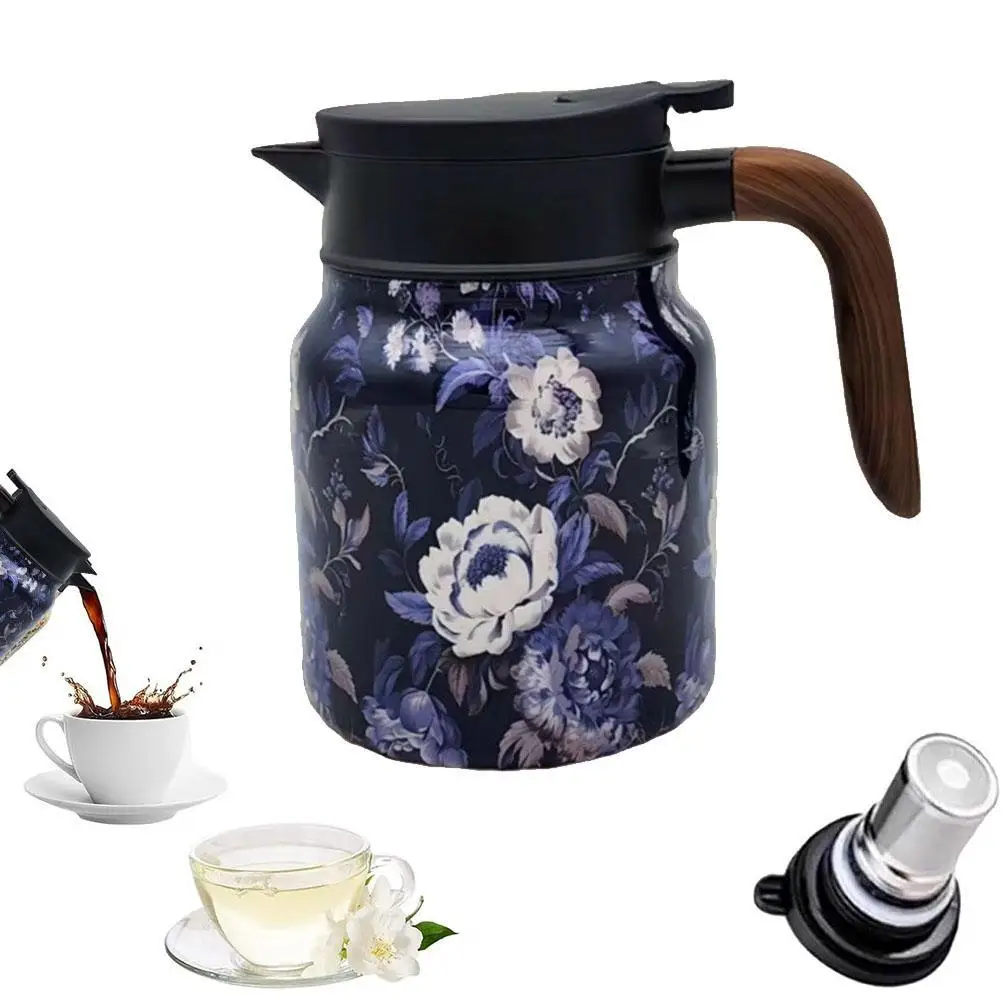 

Vintage Floral Pattern Stainless Steel Teapot Thermal Carafe with Lid Wooden Handle for Hot Drinks