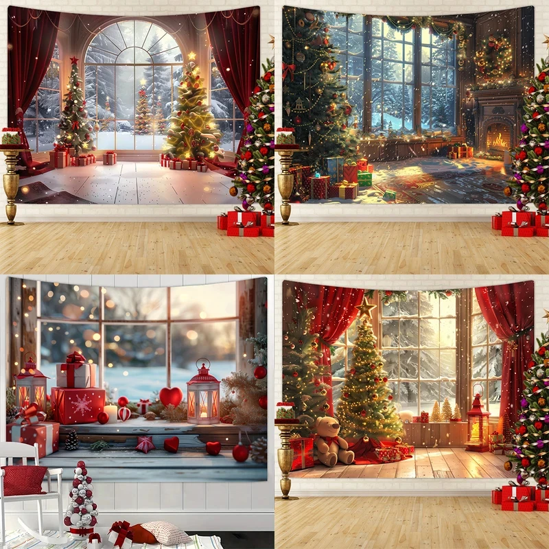 VIKAMA Classic Winter Holiday Tapestry Indoor Xmas Decor Tree Gift Lantern Snow Window Scene Aesthetic Room Wall Backdrop Cloth