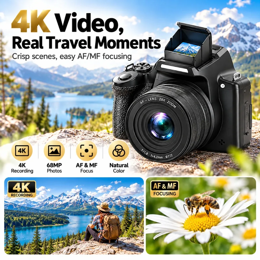 4K Digital Camera for Photography 68MP Photo 28X Digital Zoom Flip Screen AF and MF Focus 4800mAh Battery OTG Sharing for Travel