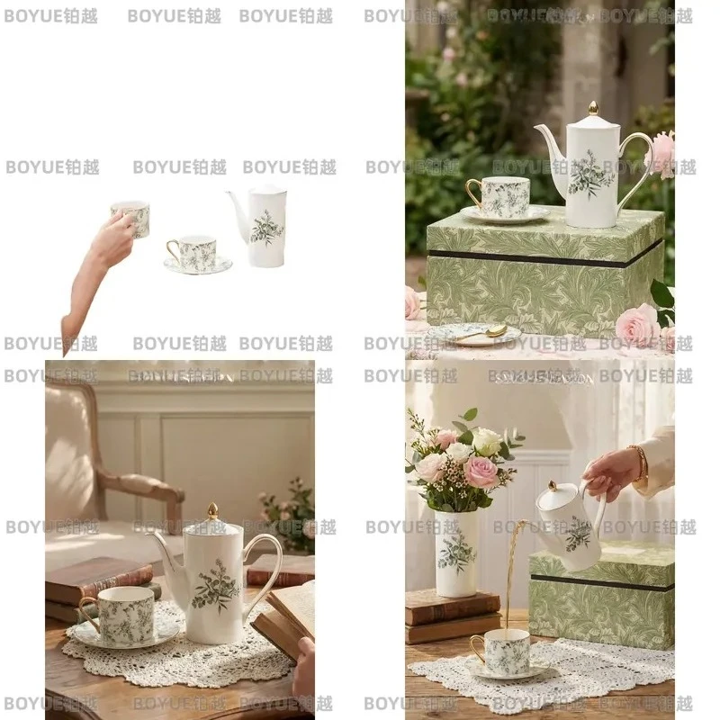 Eucalyptus Leaf Coffee Cup and Saucer Set Elegant Afternoon Tea Mug Wedding Birthday Gift Ceramic Drinkware for Home Decor