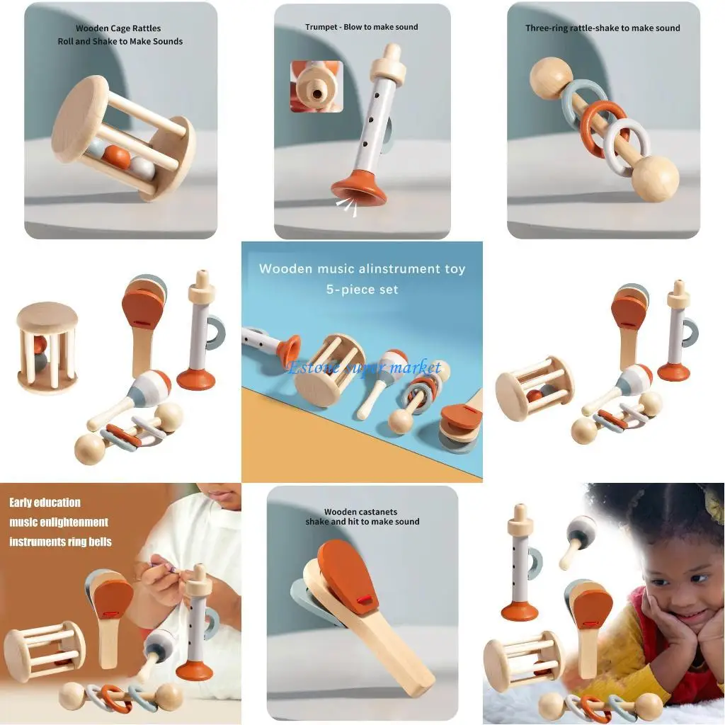 090B 5 sztuk zestaw muzyczny z drewna Instrument zabawka przedszkole dla dzieci Orff muzyczna zabawka prezent dla dziecka