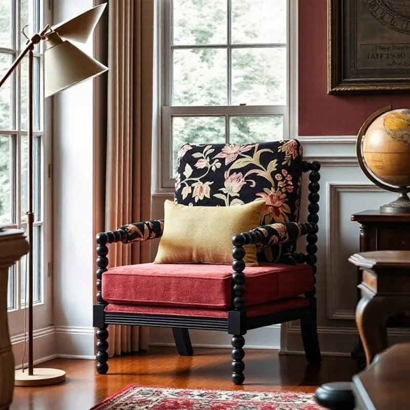

American retro flowering pearl chair living room home French antique designer solid wood single tiger sofa chair