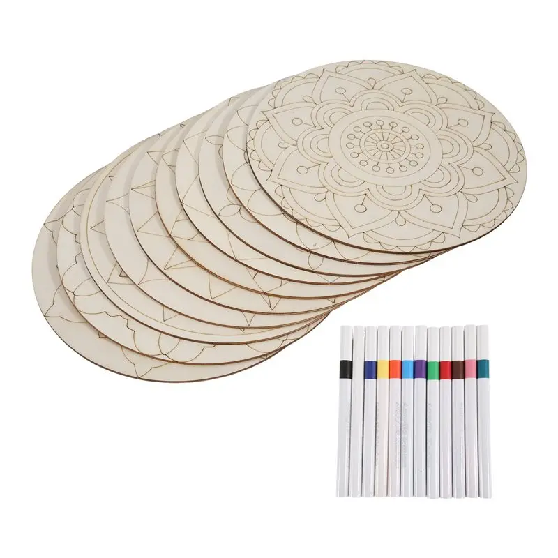 -[33A tvdae] 44 Pcs Wooden Mandala Painting Set 20 Mandala Unfinished Wood Cutouts With 24 Markers For Crafts Mandala Wood