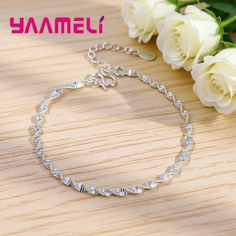 Simple 925 Sterling Silver Wavy Shape Adjustable Bangle&Bracelets for Women Men Engagement Party Jewelry Gifts Accessory