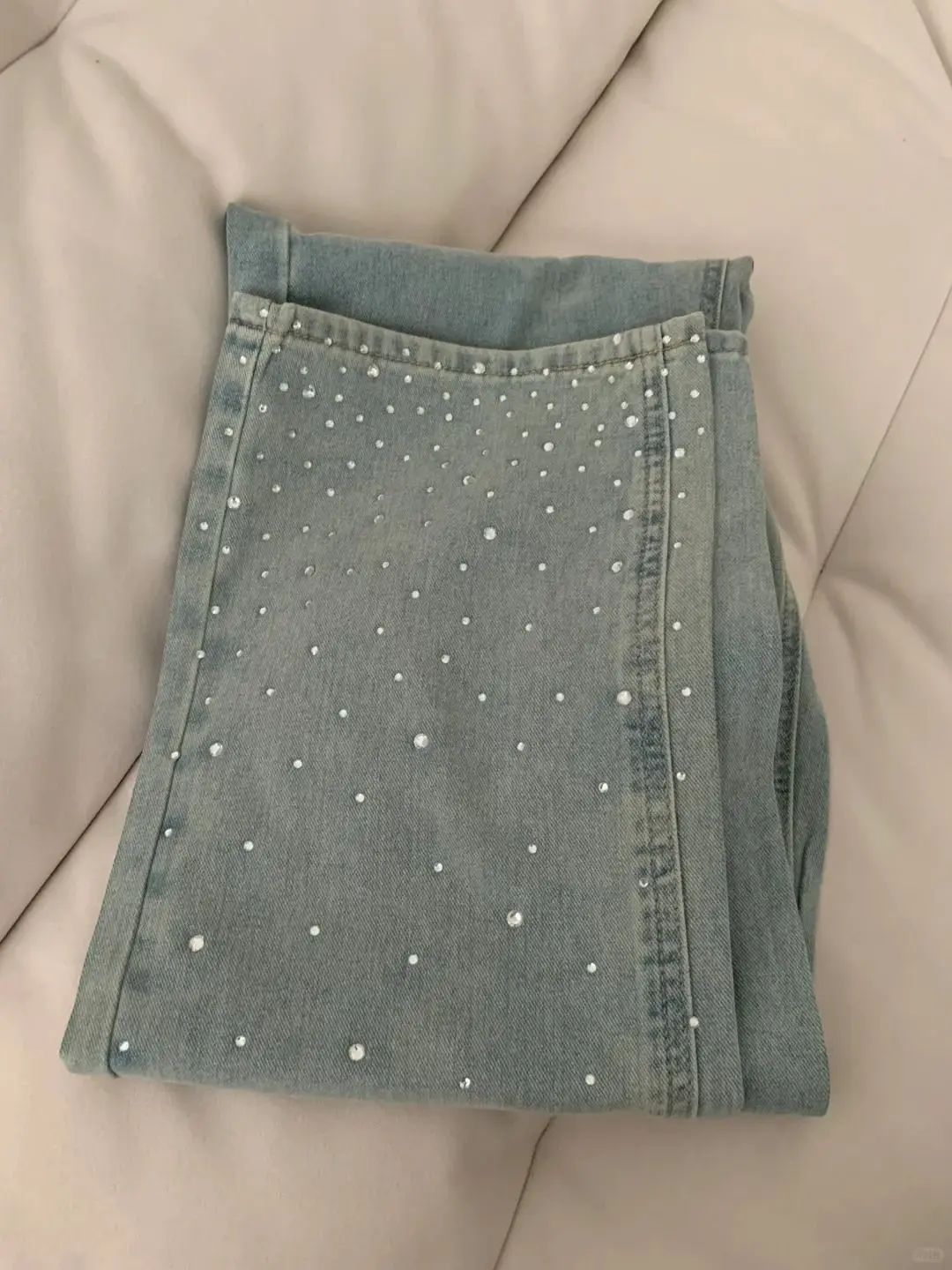 Sparkling retro light blue jeans design hot drilling female 2024 new summer high waist narrow loose wide-leg pants