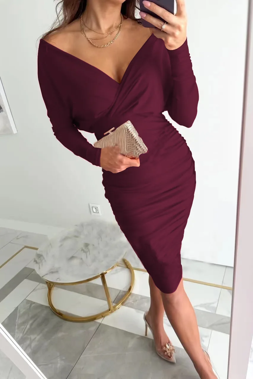 Trendy Women's Vintage Y2K Long Sleeve V-Neck Mini Dress - Ruched Waist Cutout Detail Sexy Party Dress 2025 European American Fa