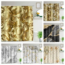 Luxury Gold Bathroom Curtains Shower Curtain Fabric Waterproof Polyester 3D Modern Black Marble White Flower Bath Decor Cortinas