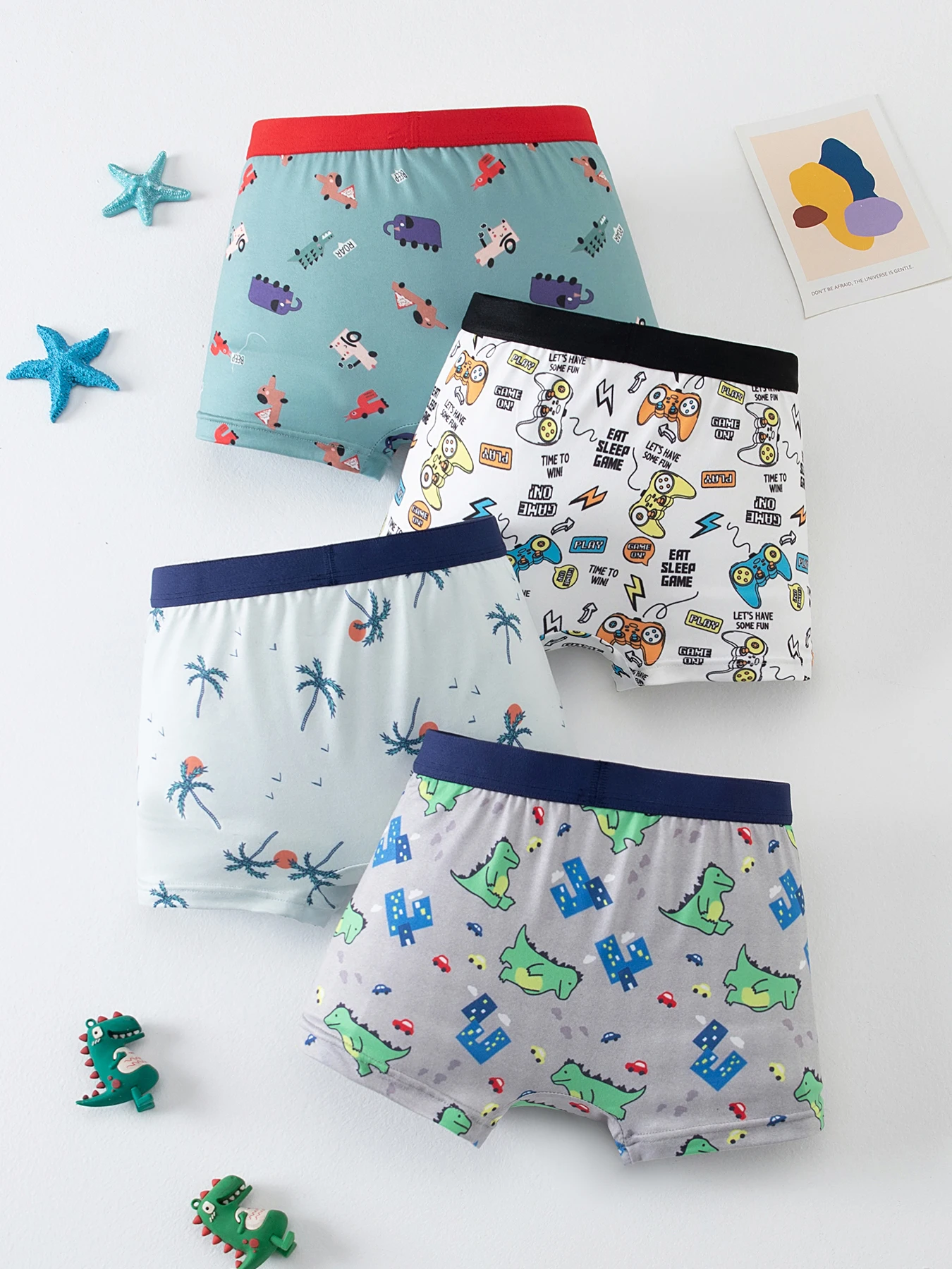 4 Stücke niedlicher Cartoon-Unterwäsche mit elastischem Bund für Jungen für alle Jahreszeiten, bequeme Boxershorts, mehrfarbige Haushalts-Shorts – Detail 4