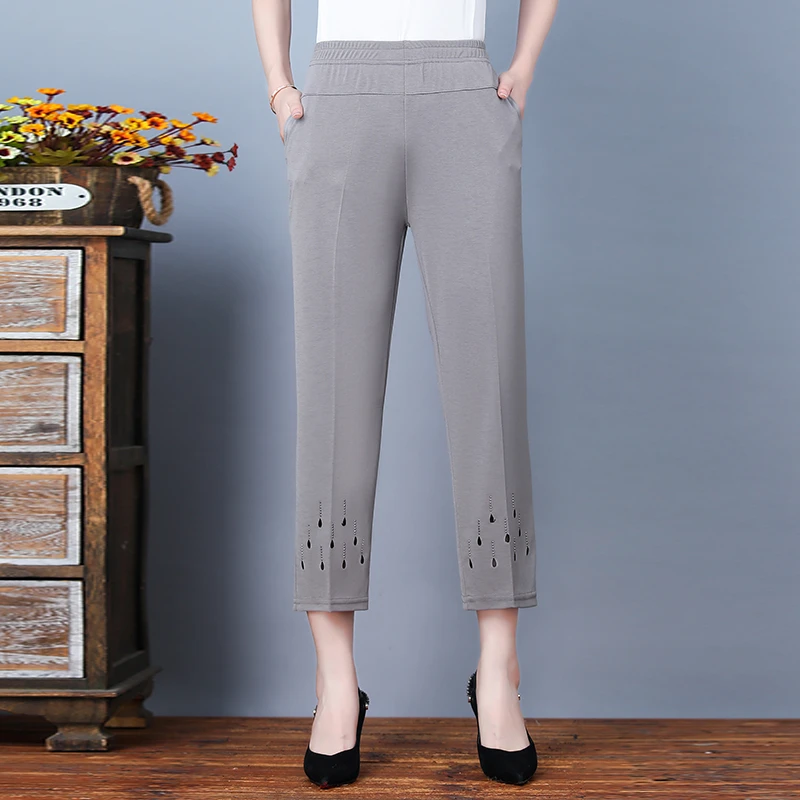 Nuevos pantalones de verano para mujer, pantalones informales elásticos de cintura alta, pantalones para mamá de mediana edad, Pantalones rectos de seda helada de talla grande para mujer 8XL