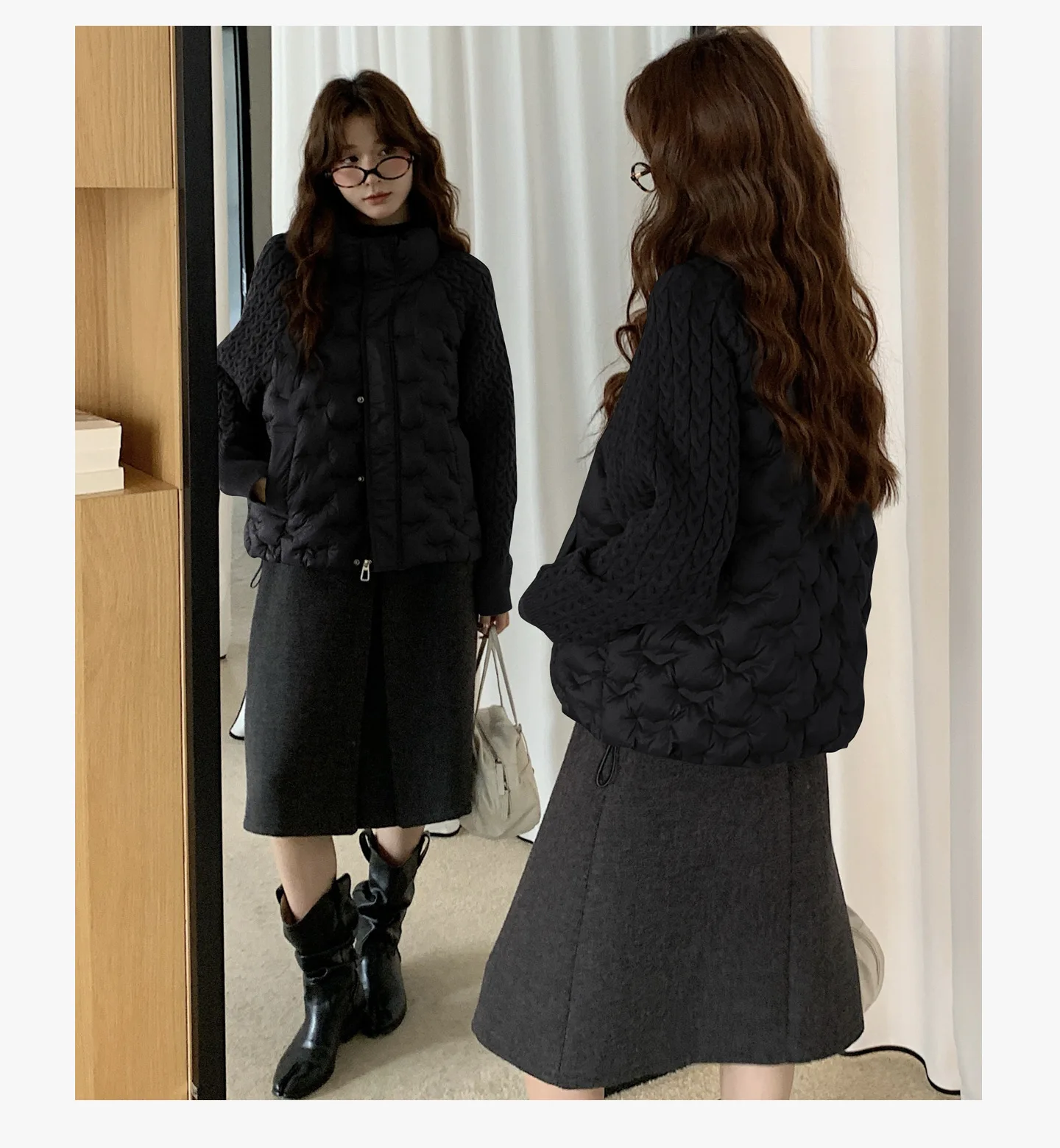 Korean Cable Knit Sleeve Spliced Padded Jacket 2026 Winter Stand Collar Warm Puffer Jacket Women All Match Casual Quilted Parkas