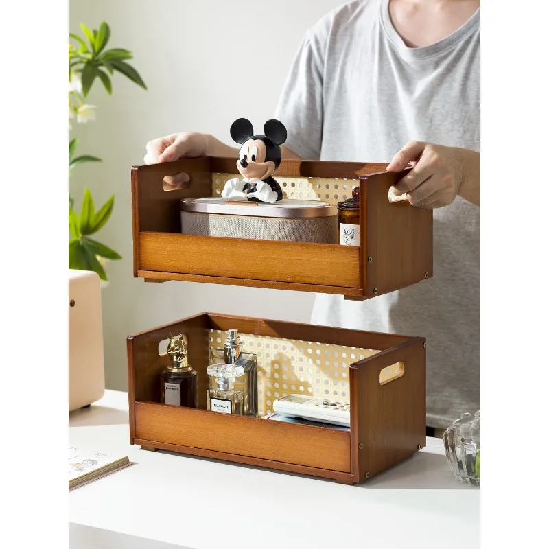 Desktop Storage Box Desk Book Stationery Organizing Box Dormitory Cosmetics Shelf Bamboo Wood Desk Shelf