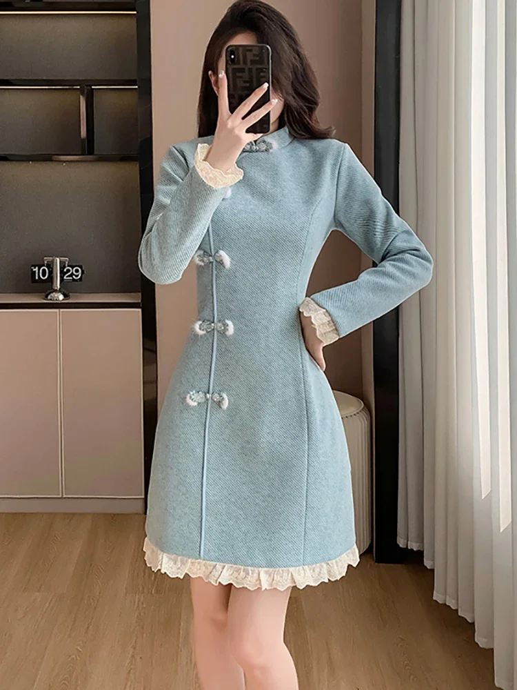 

Autumn Winter Blue Corduroy Plus Cotton Warm Mini Dress Women Chic Lace Ruffled Kawaii Dress 2024 Korean Fashion Casual Dresses