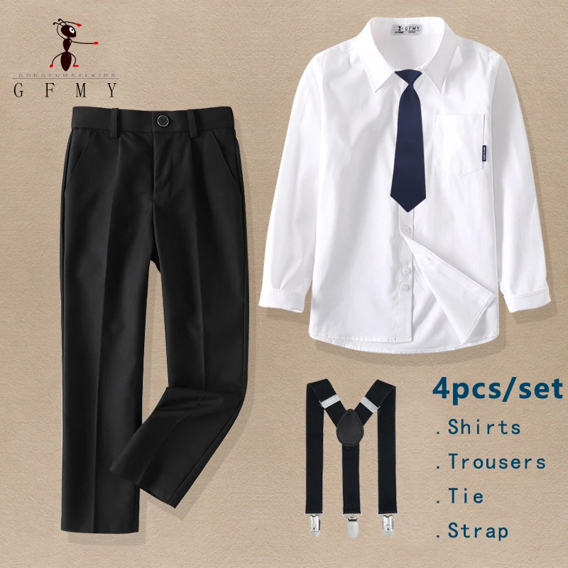 Boy\'s Performance Clothing Long-sleeved White Shirts Suit Straps Trousers Party Wedding School Activities Costume 4 Pieces/Set