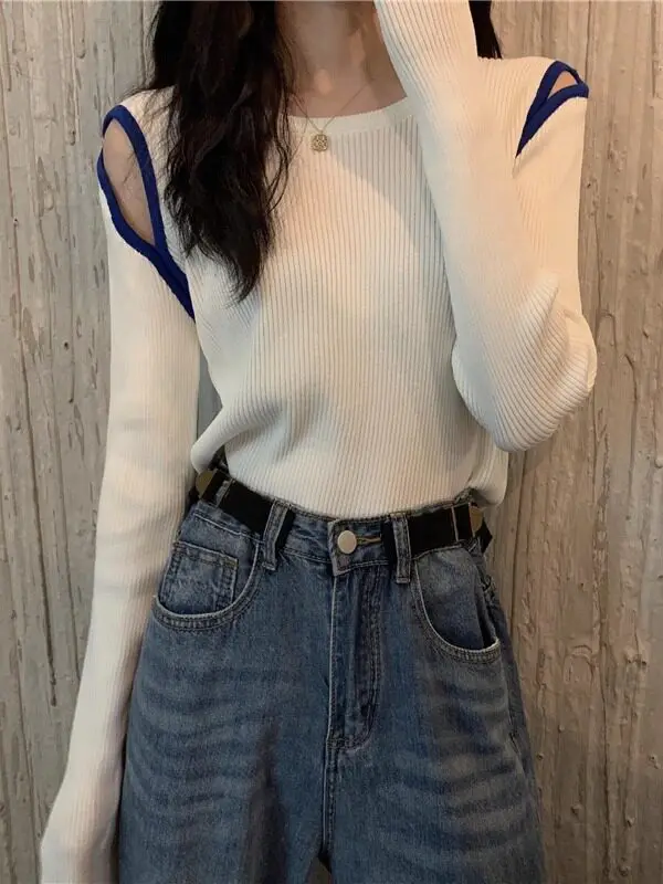 Women White Knitwear T-Shirt Y2K Gyaru Long Sleeve Off Shoulder Knitted T-Shirt 2000s Vintage Korean style Tee Top Clothing 2026