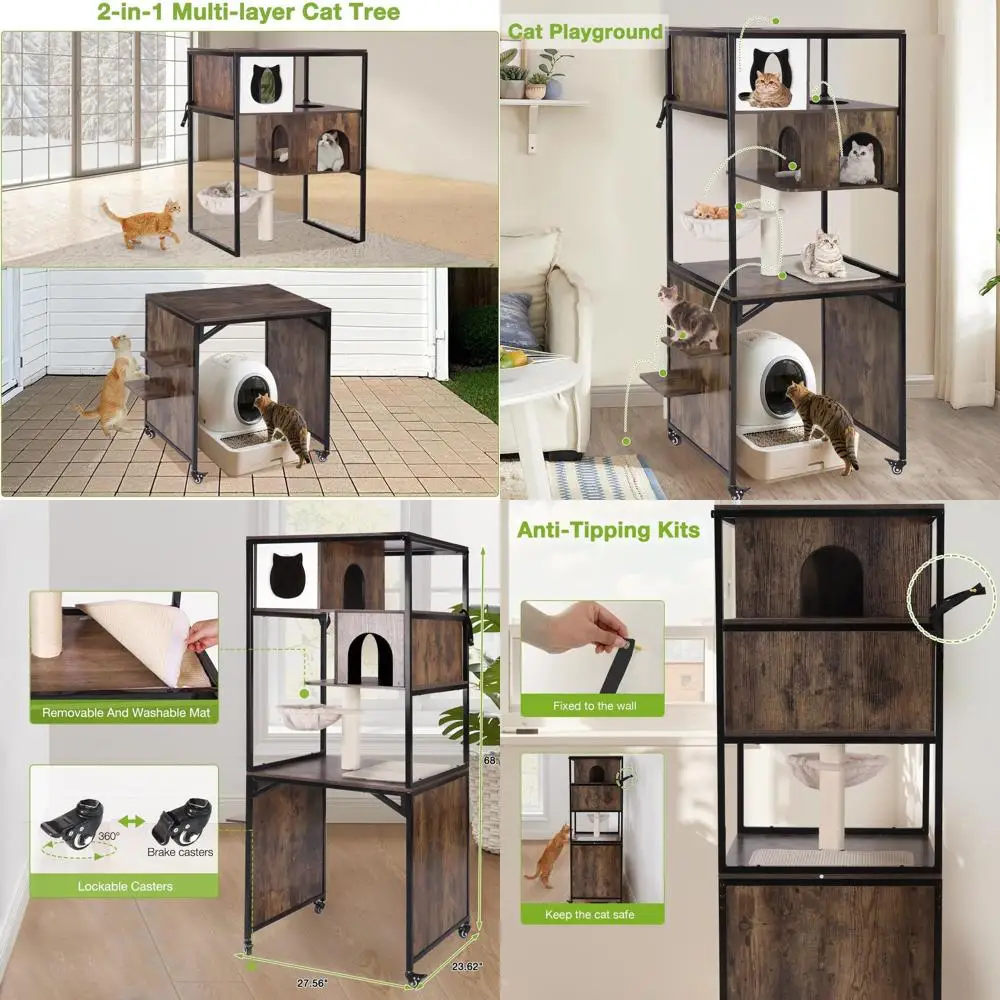 

Комнатный металлический вольер для кошек с деревом 2-в-1, 68-ярусной полкой, домиком, гамаком, когтеточкой и местом для хранения