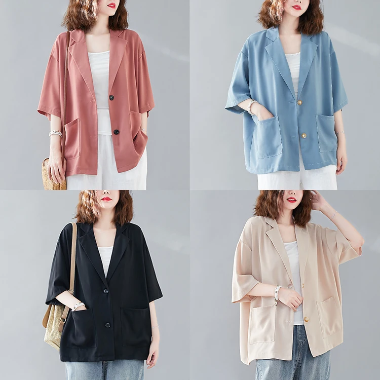

Loose Fit Short Sleeve Slimmer Women's Open Cardigan Light Weight Casual Style Polyester Fabric Regular Size plus Size Coat
