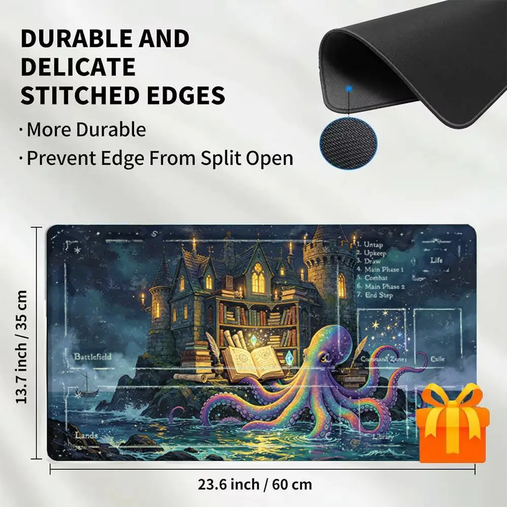 Colorful Octopus Wizard Castle Starry TCG Playmat Magic Card Battle Mat MTG Playmat Anti-Slip Base Fantasy Gathering Gaming Mat
