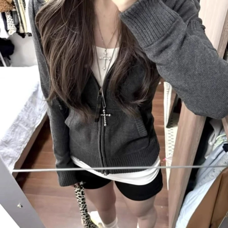 Deeptown Gray Hooded Knitted Cardigan Women Korean Style Vintage Zipper Sweaters Knitwear Casual Female Long Sleeve Cardigan