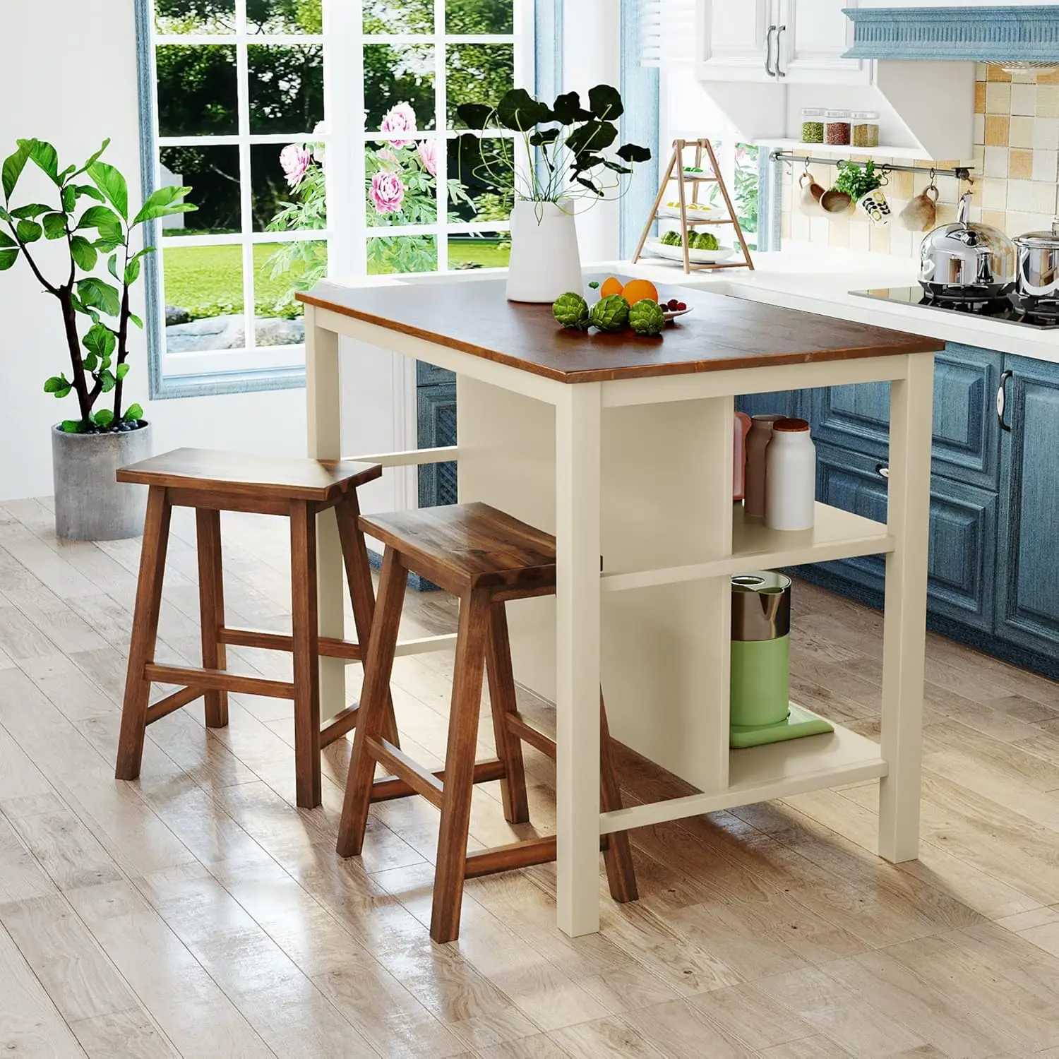 3-Piece Kitchen Island Set with 2 Stools and 2 Shelves, Rustic Rubber Wood Dining Set Prep Table Set with Open Shelves for Small