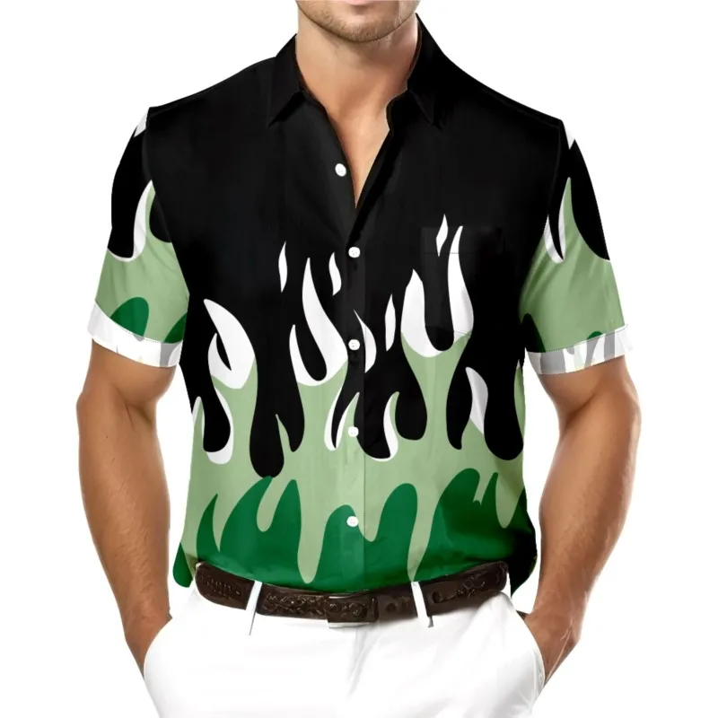 

Men's Hawaiian Green Flame Print Chest Pocket Shirt Casual Short Sleeve Beach Shirt Clothing Tops