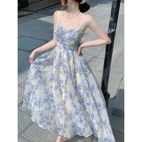 French Style Tea Break Beach Vacation Floral Print off Shoulder Midi Dress Women's Spring Blue Butterfly Knotted Strap Dress